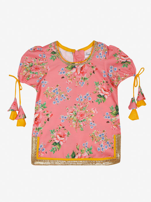 Floral  peach kurta with tassels and lace detailing with yellow  tierd cotton sharara