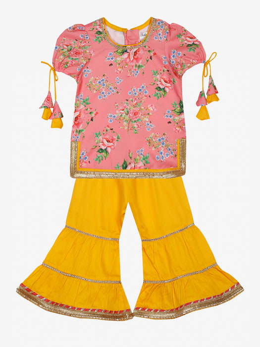 Floral  peach kurta with tassels and lace detailing with yellow  tierd cotton sharara