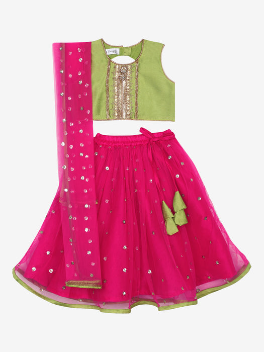 Magenta and Neon Green Lehnga choli with sequenced work