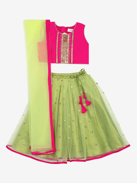 Neon Green and Magenta Lehnga choli with sequenced work
