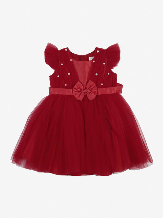 Red fit and flare party dress with pearl detailing