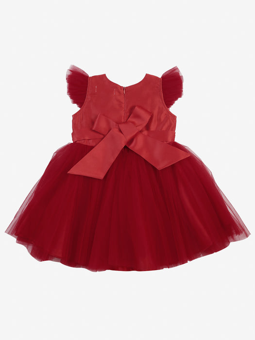 Red fit and flare party dress with pearl detailing
