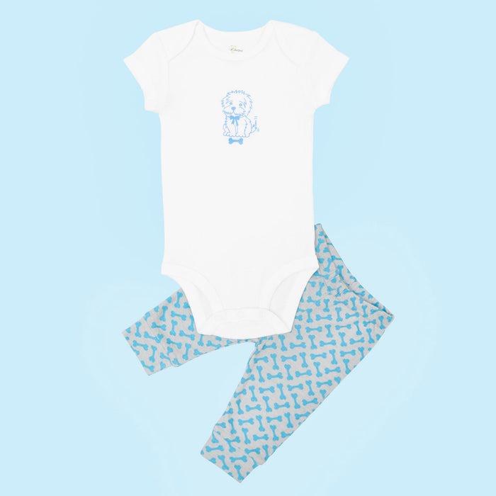 Kaarpas Organic Cotton Baby 2-Piece Dog and Bones print Bodysuit / Onesie Pant Set - (White & Grey)