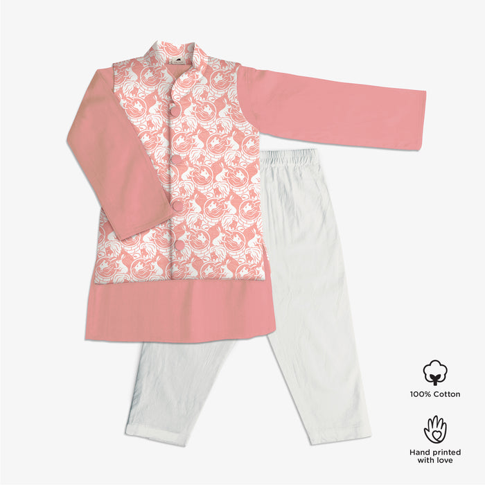 Cotton Ethnic Printed Jacket with Plain Kurta & Pyjama Set