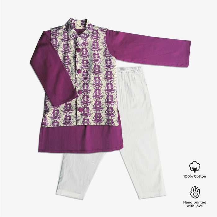 Cotton Ethnic Printed Jacket with Plain Kurta & Pyjama Set