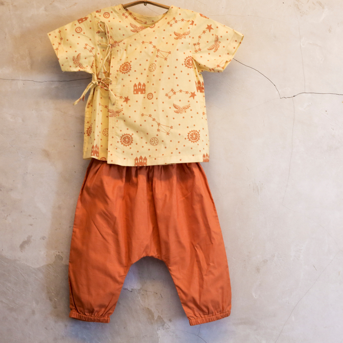 Unisex Organic Dhruvtara Print Angarakha Top With Natural Dyed Orange Pants