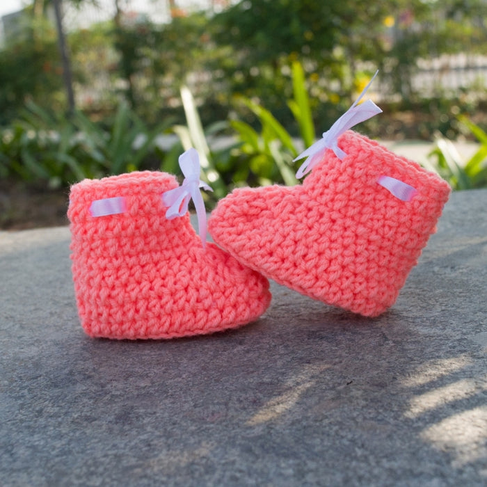 Crochet Baby Booties Woolen Booties-Peach-1