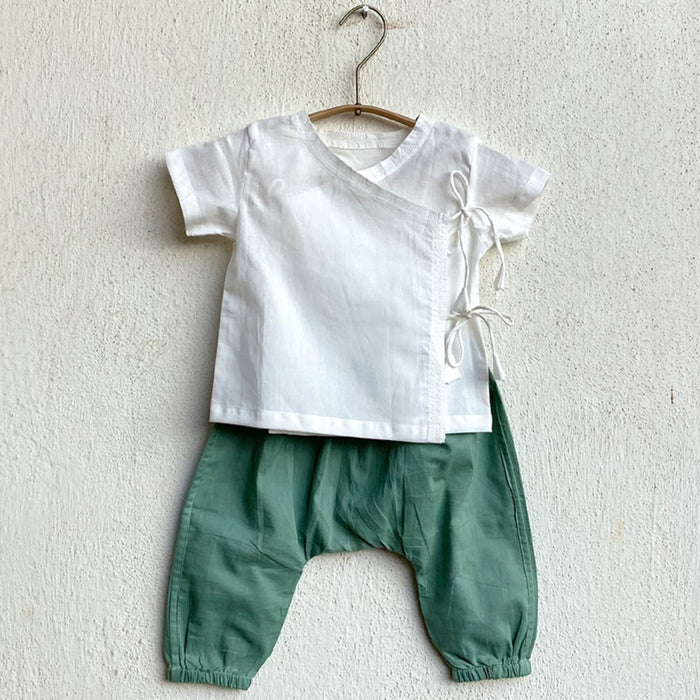 Unisex Organic Essential White Angarakha Top With Mint Pants