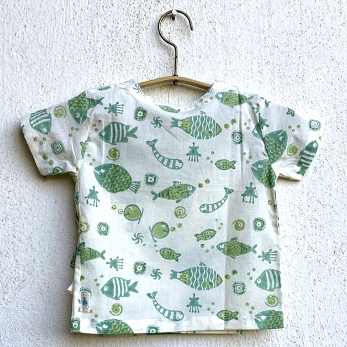 Unisex Organic Fish Print Angarakha Top With Mint Pants