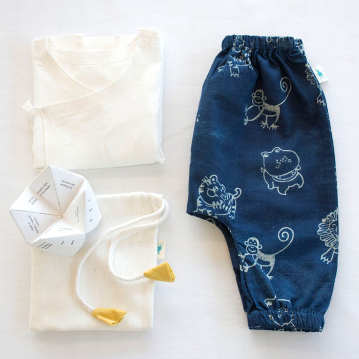 Unisex Organic Essential White Print Angarakha Top With Zoo Print Indigo Pants
